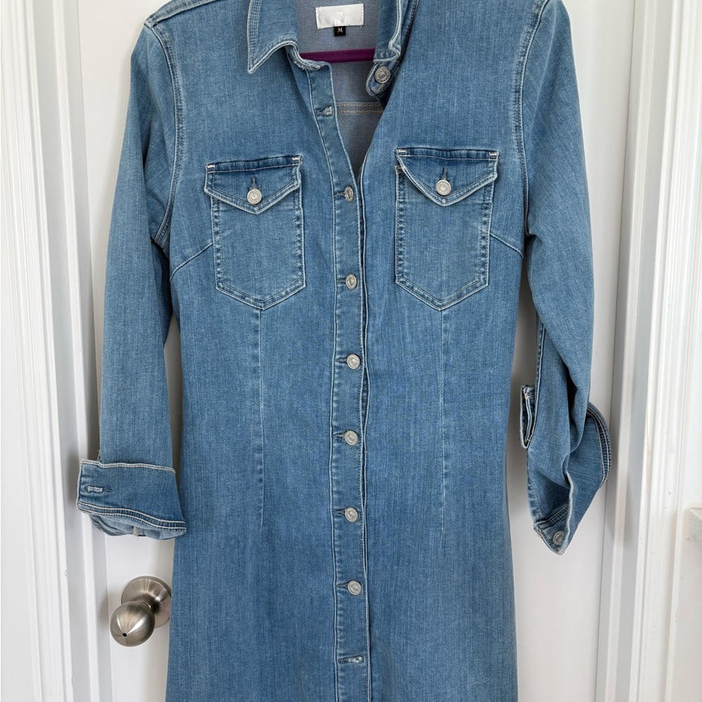7 For All Mankind Blue Long Sleeve Notched Collar Dress